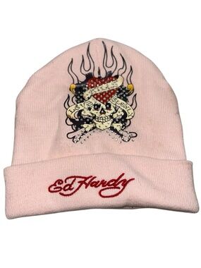 Ed Hardy pink knit beanie "Love Kills Slowly" skull and heart graphic